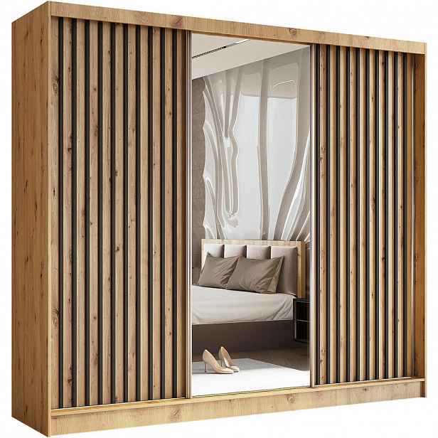 Beautysofa SKŘÍŇ s posuvnými dveřmi Helix 240/216/61 dub Artisan + černá se zásuvkami