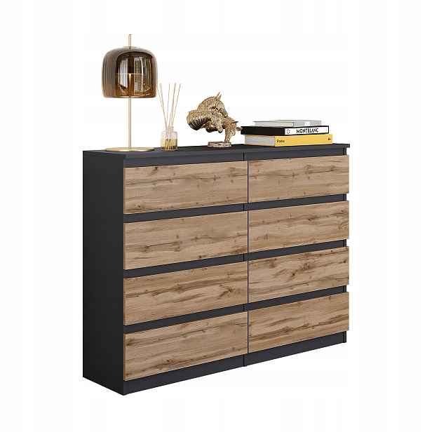 Komoda 120 CM Antracit Dub Wotan 8 Zásuvek Obývací Pokoj, Ložnice