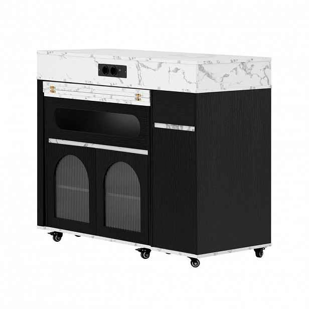 Modfu KUCHYŇSKÝ ostrůvek z MDF a dřevotřísky 187,5x110,5x95,5 cm černý/bílý, rozkládací se zásuvkou, sklem, kolečky a zásuvkami