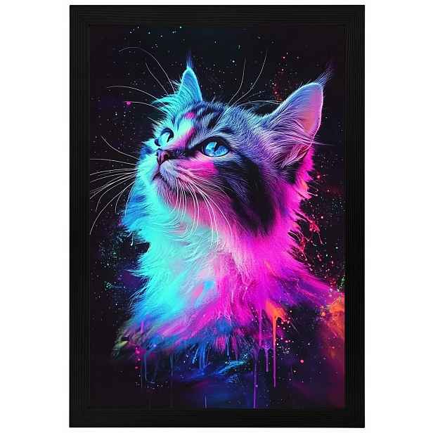 Plakát Rámeček Dřevo Portrét Zvíře Kočka Neon Světlo Modern Art 40x60