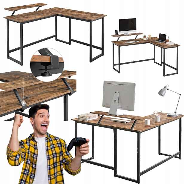Industriální rohový herní stůl s držákem na monitor Loft