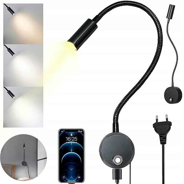 Led Nástěnné Svítidlo Na Čtení Noční Lampa Do Ložnice Flexibilní Ohebná Černá