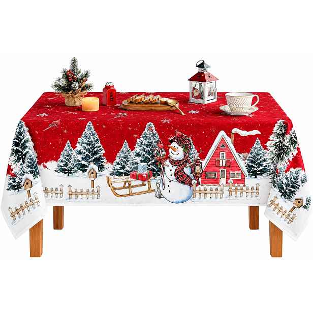 Vánoční Ubrus 140 X 220 CM Červený Sněhulák Vánoční Stromek Polyester 8-10 Osob