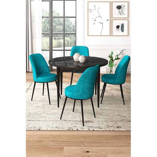 Dining Table & Chairs Set (5 Pieces) Tor - Black Marble, Turquoise