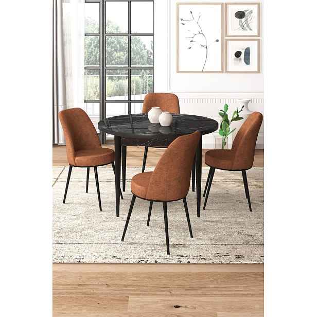 Dining Table & Chairs Set (5 Pieces) Tor - Black Marble, Tile Red