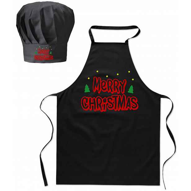Vánoční sada zástěra a kuchařská čepice s potiskem Merry Christmas