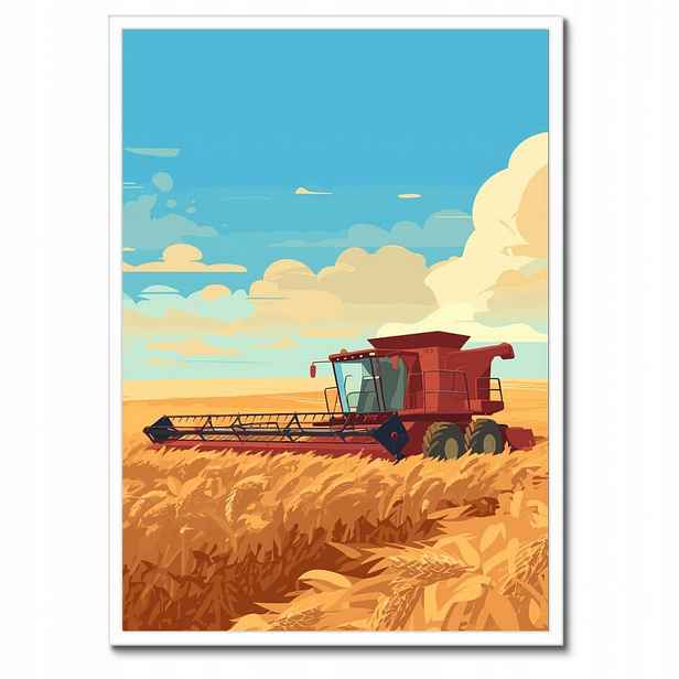 Plakáty v rámu 50x70 Červený kombajn v poli na sklizni