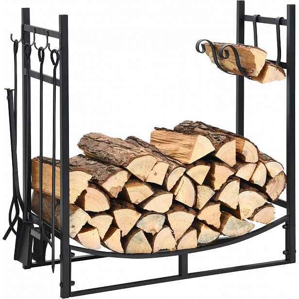 Regál Na Dřevo Krbový 4 Nástroje Kovový Černý 50 Kg