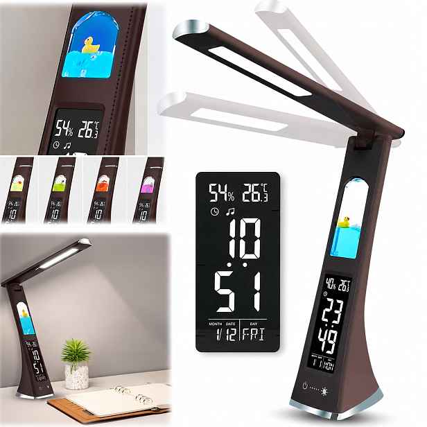 Skládací stolní lampa, noční lampa, Led hodiny s obrazovkou, hnědá s motivem