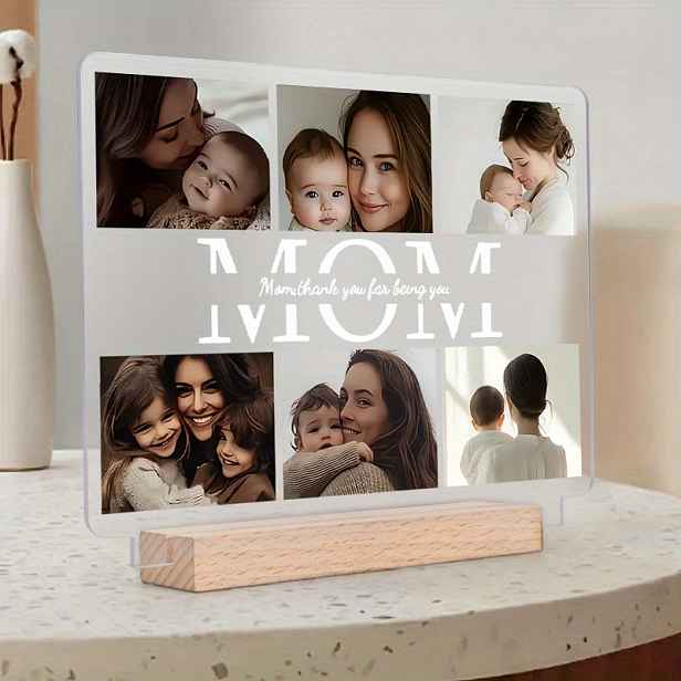 TEMU Jedna kusová přizpůsobitelná akrylová tabule s 6 fotografiemi a textem - Osobní dárek k , dekorativní tabule na stůl pro MAMINKU, bez potřeby