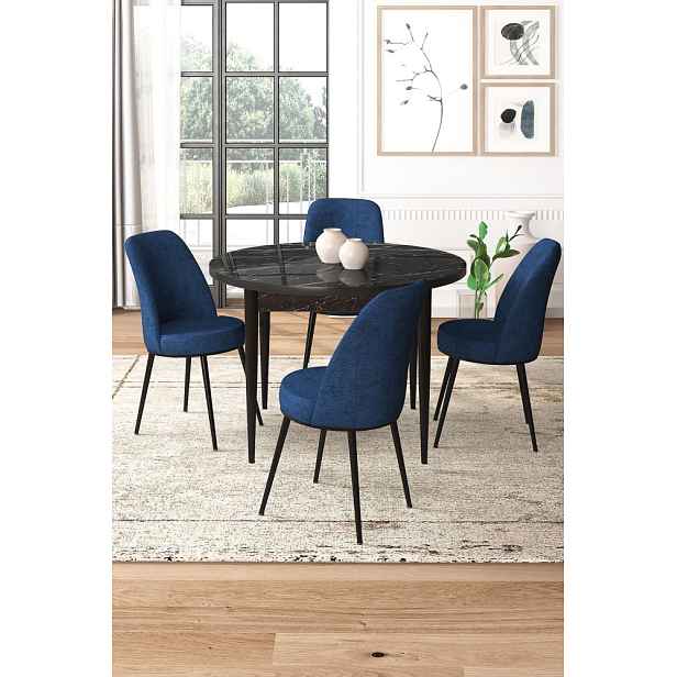 Dining Table & Chairs Set (5 Pieces) Tor - Black Marble, Navy Blue