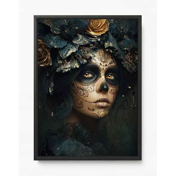 Obraz Rám American Box Dia De Los Muertos Catrina Zlaté Růže Art 60x80