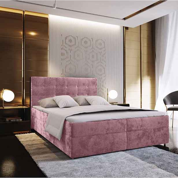 AKCE Čalouněná postel boxspring GLORIEN VELVET 160x200 cm růžová II. jakost