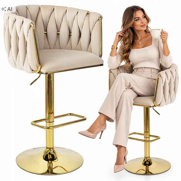 Barová Židle Pletený Marbella Béžový Velur Zlatý Glamour Otočný