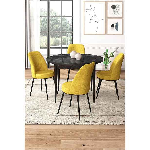 Dining Table & Chairs Set (5 Pieces) Tor - Black Marble, Mustard
