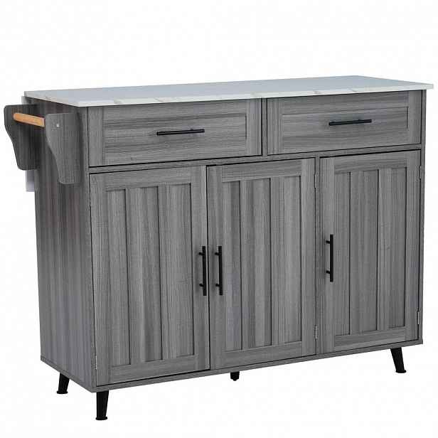 Modfu KUCHYŇSKÝ ostrůvek z MDF 129x46(71)x91,5 cm šedobílý s výklopnou deskou, 5 kolečky a úložným prostorem