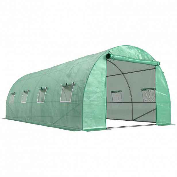 Outsunny SKLENÍK cca 6 x 3 x 2 m fóliový skleník s 8 okny, roletovými dveřmi, srolovatelnými bočními stěnami, UV odolný fóliový tunel, zelený