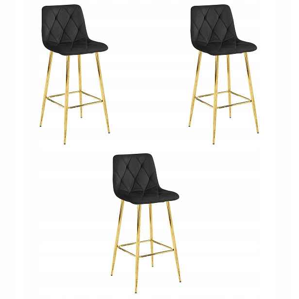 3X Barová Židle Kuchyňská Barová Židle 102 CM Samet Černá Do Kuchyně Sametová
