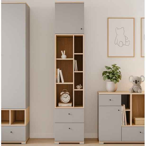 Regál s dvířky a zásuvkami Room 45 cm, dub biscuit/šedý