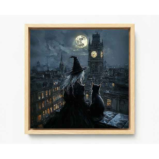 Obraz Rám Americký Box Čarodějka Černá Kočka Měsíc Noc Gothic Dark 50x50