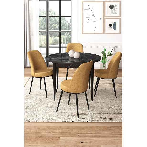 Dining Table & Chairs Set (5 Pieces) Tor - Black Marble, Cappuccino