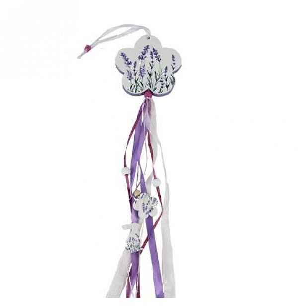 Květ závěs dekor levandule dřevo/stuha bílo-fialová 10/65cm