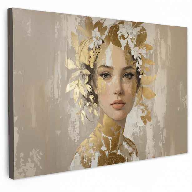 MuchoWow OBRAZ NA PLÁTNĚ Tvář - Žena - Listy - Zlato 60x40 cm