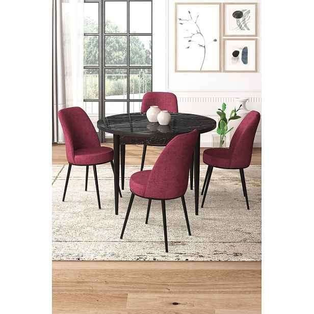 Dining Table & Chairs Set (5 Pieces) Tor - Black Marble, Burgundy