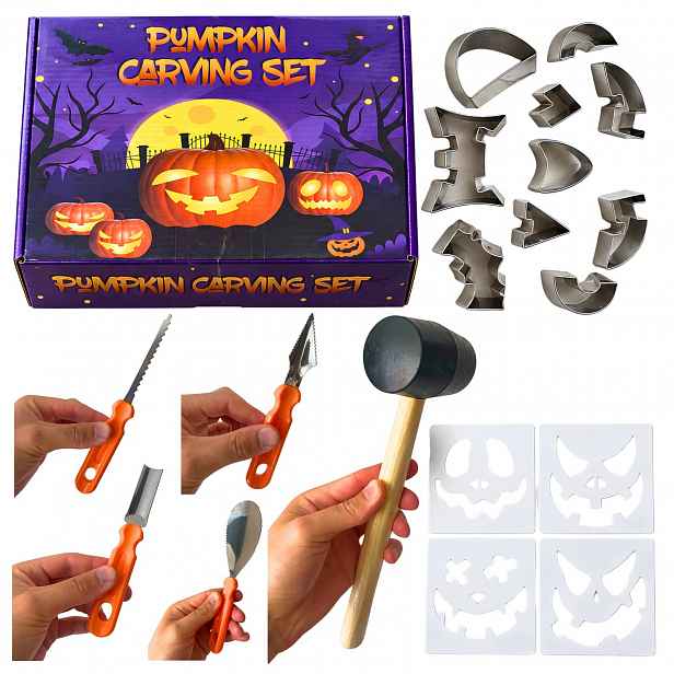 Dýňová sada Halloween 19 ks formičky šablony gumové kladivo