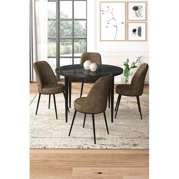 Dining Table & Chairs Set (5 Pieces) Tor - Black Marble, Brown