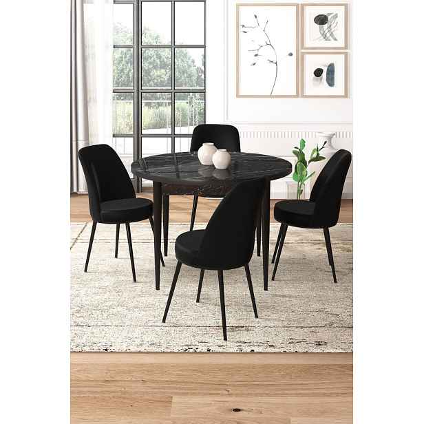 Dining Table & Chairs Set (5 Pieces) Tor - Black Marble, Black