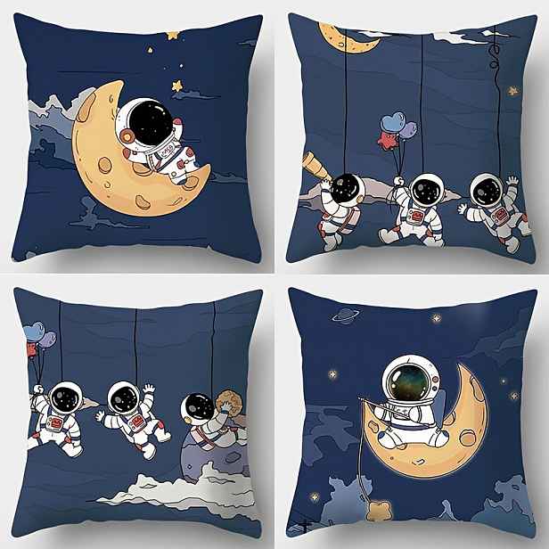 TEMU 4ks, Polštářový povlak s astronauta, měsíce a mraku, obvod pasu 17,72 x 17,72 palců, vhodný pro dekoraci pokoje, dekoraci kanceláře, dekoraci