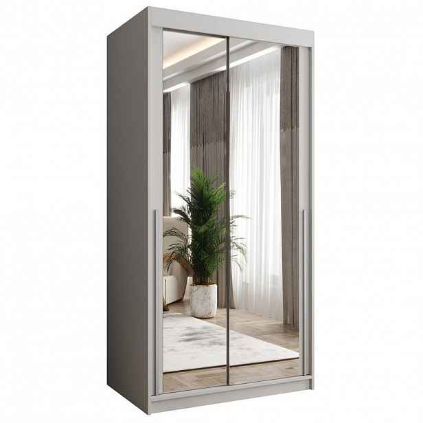 Home Collective ŠATNÍ SKŘÍŇ S POSUVNÝMI DVEŘMI se zrcadlem, šířka 100 cm, bílá se stříbrným madlem