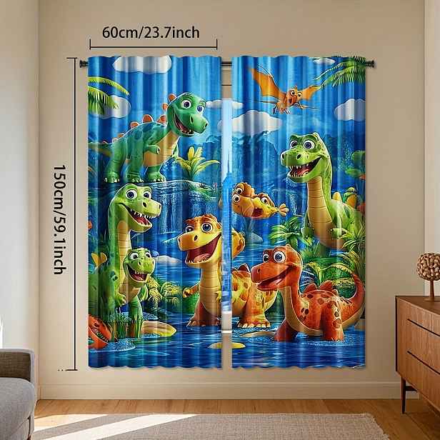TEMU 2 ks, Závěsy s Potiskem Kreslených Dinosaury, Pratelné v Pračce, Záclony na Tyč pro Ložnici Hernu, Snadná Instalace, Odolný Polyester