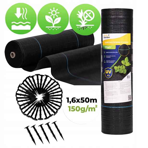 Agrotextilie černá agrotextilie Uv 150g protiplevelová rohož 1,6x50m kolíky