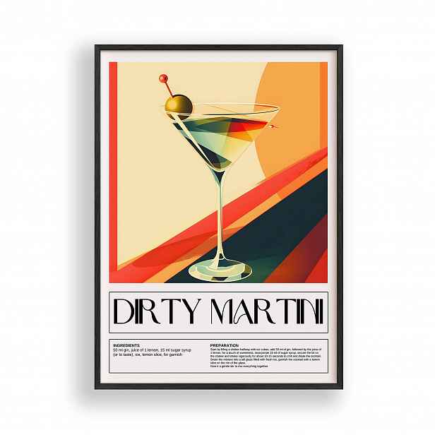 Obraz Koktejl Dirty Martini Plakát Rámeček Dřevěný Černý 30x42 cm