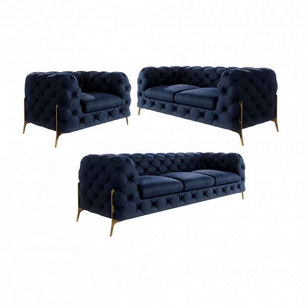 S-Style CHESTERFIELD SEDACÍ SOUPRAVA 3+2+1 Lexi v námořnické modři se zlatými nohami