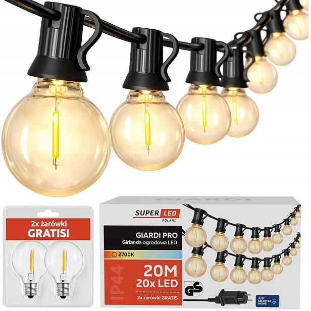 Venkovní zahradní girlanda Řetěz 20 m 20x Led žárovka G40 2x bonus