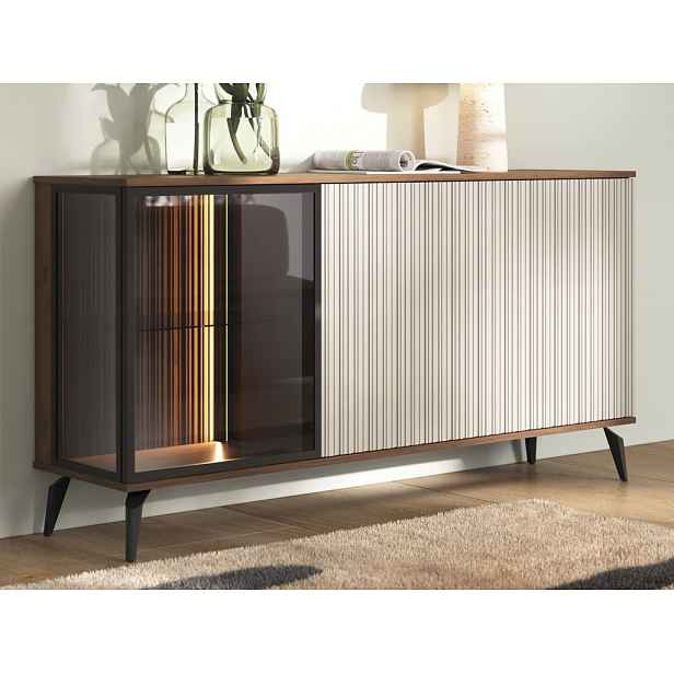 Široká komoda s prosklením Vici 154 cm, ořech/kašmírově béžová, s osvětlením