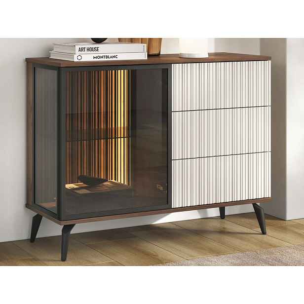 Komoda s prosklením Vici 103 cm, ořech/kašmírově béžová, s osvětlením