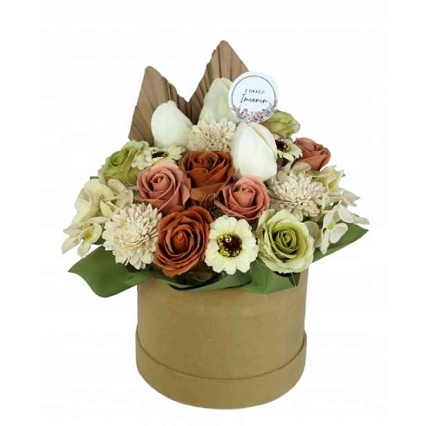 Mýdlové květiny Flower Box velurový k narozeninám Boho toper