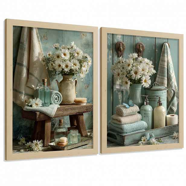 Nacnic PLAKÁT Sada 2 dekorativních koupelnových tisků, květinové v shabby chic Světlý dřevěný rám A3