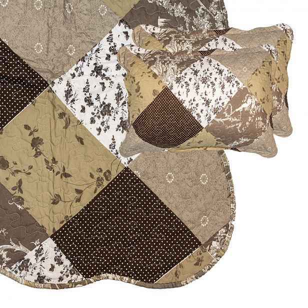 Hnědý přehoz na postel a 1x povlak na polštář Patchwork - 180*250 cm / 50*70 cm Clayre & Eef