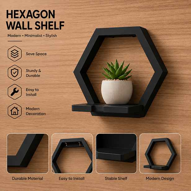 TEMU Skládací hexagonální nástěnná police, moderní geometrická plovoucí police pro rostliny a dekorace, prostorově úsporný nástěnný úložný regál do