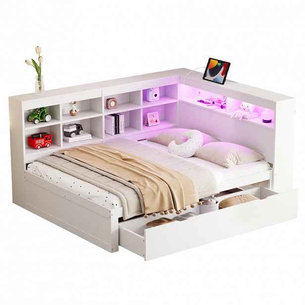 CHICFURN POSTEL 140/200 cm v bílé barvě s úložným prostorem, LED a USB
