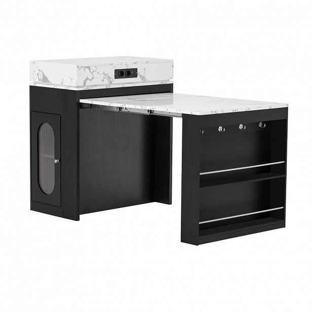 OKWISH KUCHYŇSKÝ ostrůvek 83/46-146,5/96 cm černý z MDF a skla s výsuvnou deskou a zásuvkami