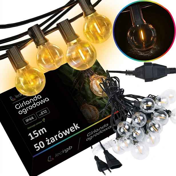 Zahradní světelná girlanda 15M 50 Led žárovka E12 Vodotěsný kabel IP44