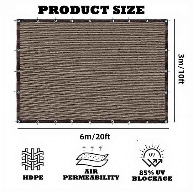 TEMU 1 hnědá obdélníková sluneční clona (10x20 stop / 3x6 m), 85% stínění, HDPE prodyšná a propustná, zesílené okraje pro venkovní zahradu, bazén a