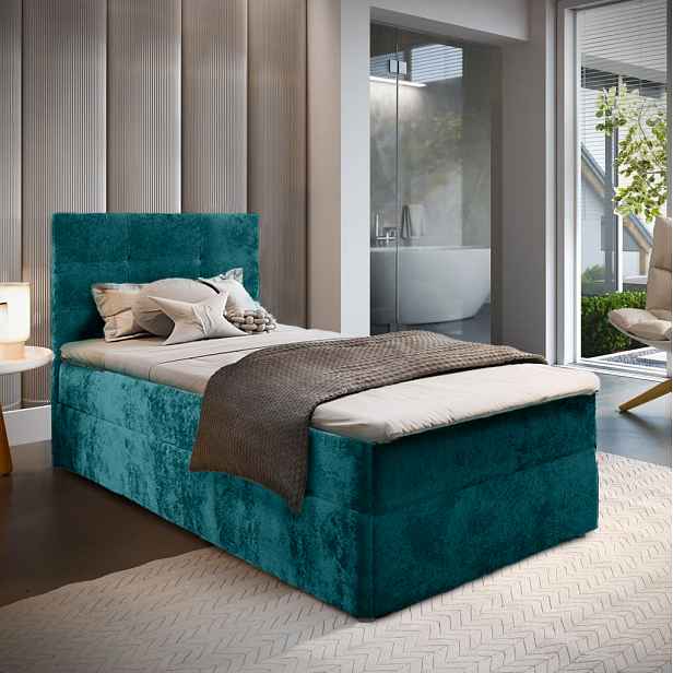 AKCE Čalouněná postel boxspring GLORIEN VELVET 100x200 cm tyrkysová II. jakost