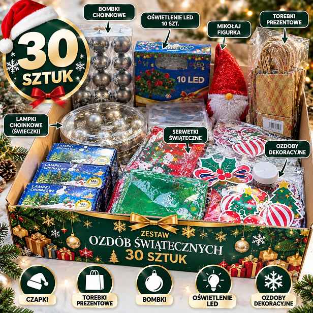 krabice vánočních dekorací mix vánočních dekorací sada 30 ks dekorací světýlek